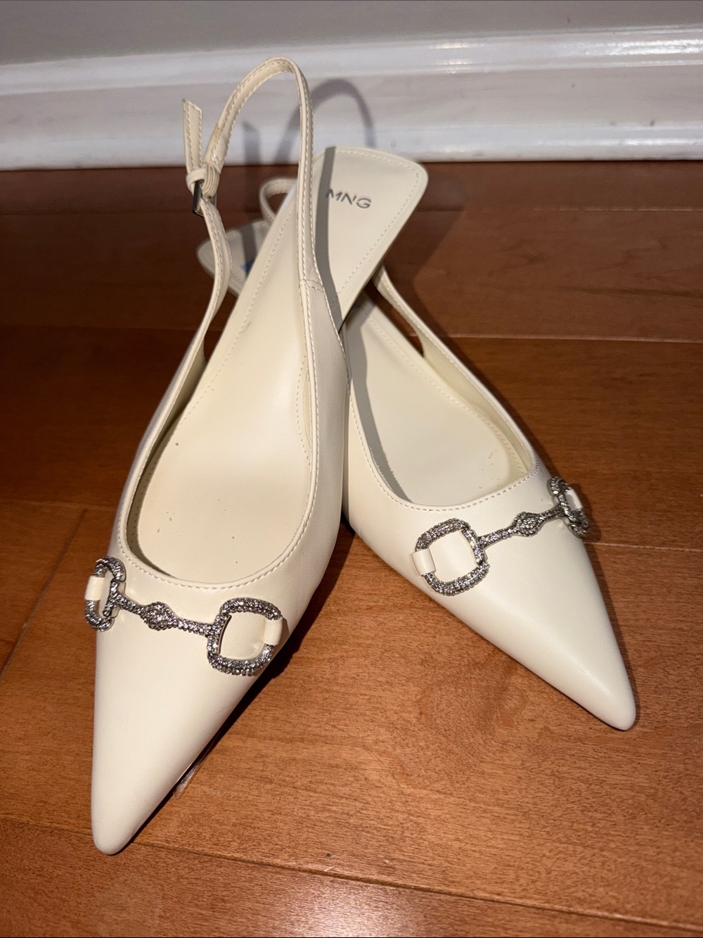 Mango Cream Pointed Slingback Flats with Rhinestone Buckle